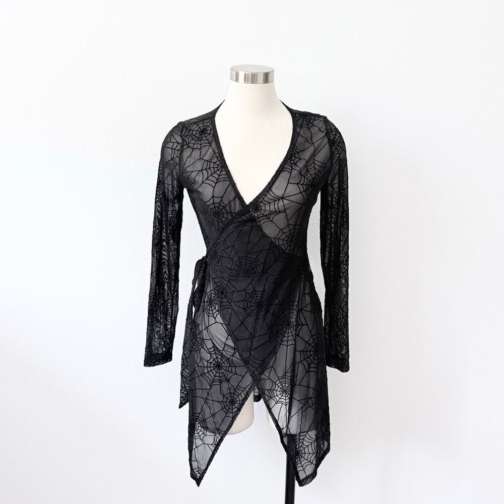 Sheer Mesh Spiderweb Black Lace Wrap Cardigan Duster Kimono Belted Medium